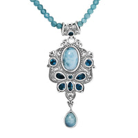 D'Joy Artisan Crafted Larimar and Neon Apatite 31.40 ctw Ocean’s Grace Pendant with Apatite Beaded Necklace in Sterling Silver 20 Inches