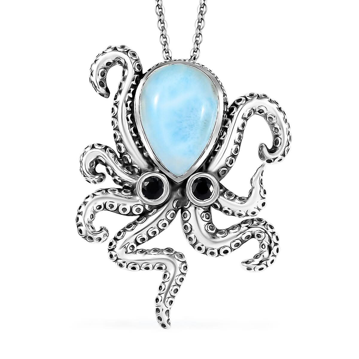 GP Capri Special Collection Premium Larimar and Thai Black Spinel 6.70 ctw Octopus Pendant Necklace in Rhodium Over Sterling Silver 20 Inches