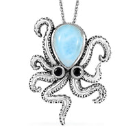 GP Capri Special Collection Premium Larimar and Thai Black Spinel 6.70 ctw Octopus Pendant Necklace in Rhodium Over Sterling Silver 20 Inches