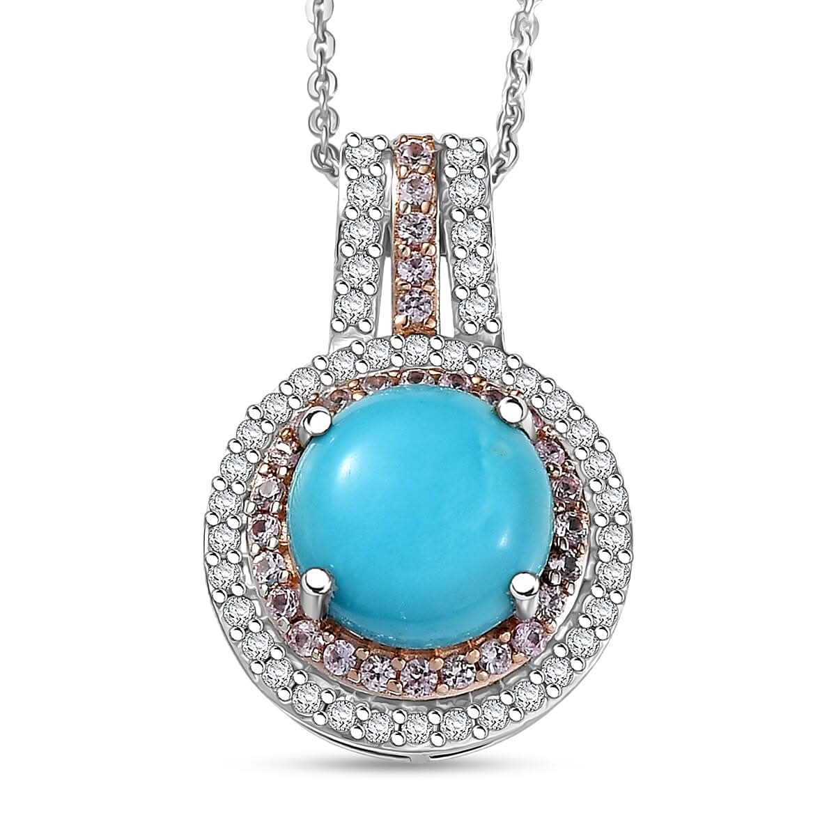 D'Joy Premium Sleeping Beauty Turquoise and Multi Gemstone 3.40 ctw Celestial Halo Pendant Necklace 20 Inches in Rhodium Over Sterling Silver