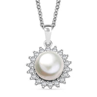 D'Joy Freshwater Pearl and White Zircon 0.65 ctw Sunburst Pendant Necklace in Rhodium Over Sterling Silver 20 Inches
