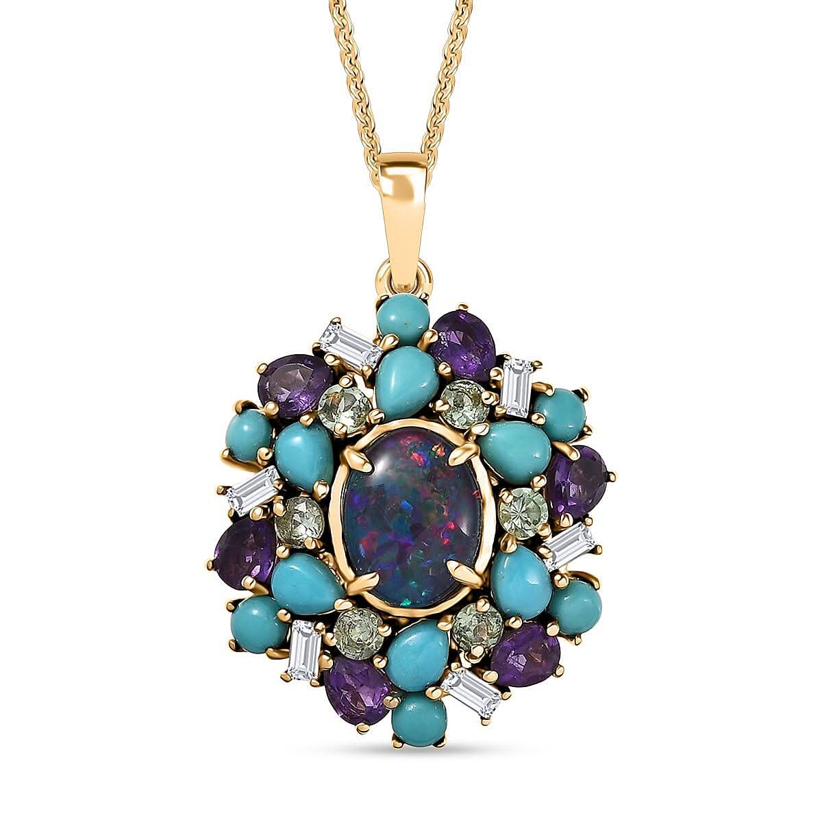 D'Joy Elysian Opal (Triplet) and Multi Gemstone 4.50 ctw Cosmic Bloom Pendant Necklace in 18K Vermeil Yellow Gold Over Sterling Silver 20 Inches