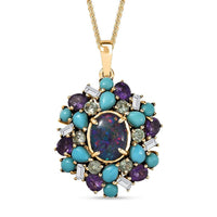 D'Joy Elysian Opal (Triplet) and Multi Gemstone 4.50 ctw Cosmic Bloom Pendant Necklace in 18K Vermeil Yellow Gold Over Sterling Silver 20 Inches