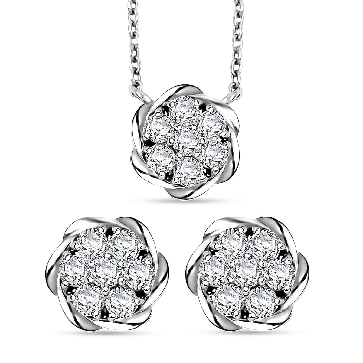 Luxuriant Lab Grown Diamond G SI 1.15 ctw Floral Necklace 18-20 Inches and Stud Earrings in Sterling Silver