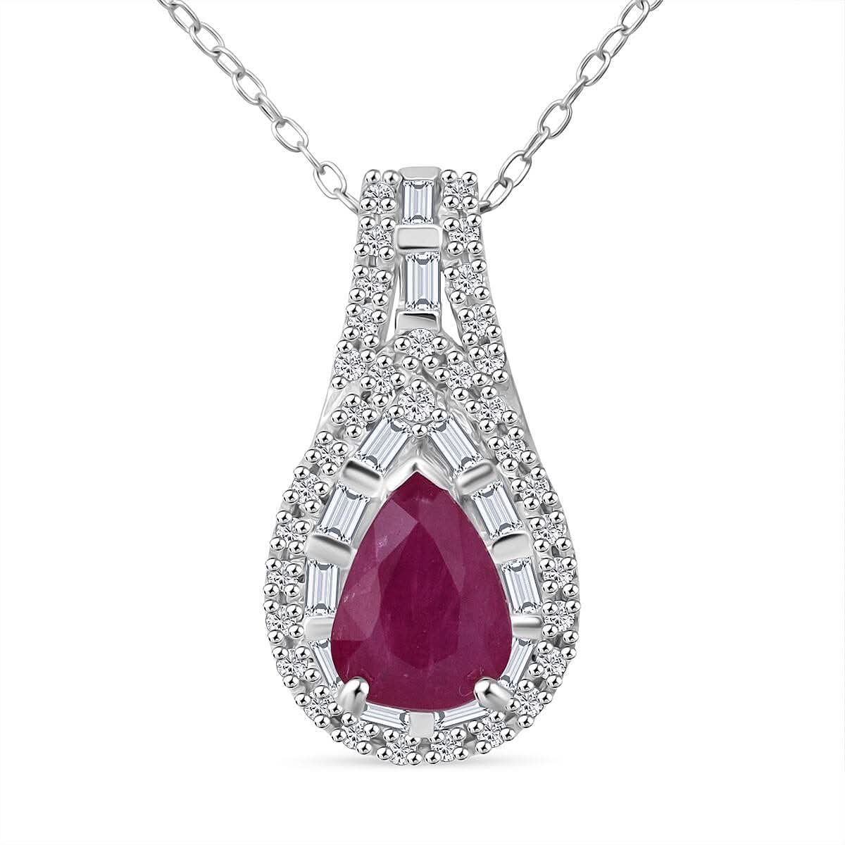 D'Joy Premium Montepuez Ruby and Moissanite 2.30 ctw Fleur de Flame Pendant Necklace in Rhodium Over Sterling Silver 20 Inches