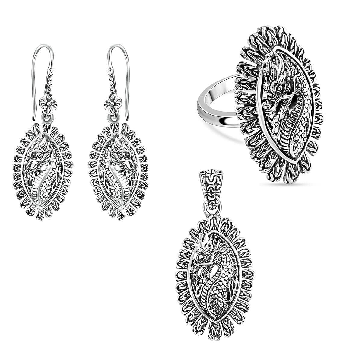 TLV D'Joy Bali Legacy Sterling Silver Dragon Ring (Size 8.0), Earrings and Pendant without Chain (19 g)