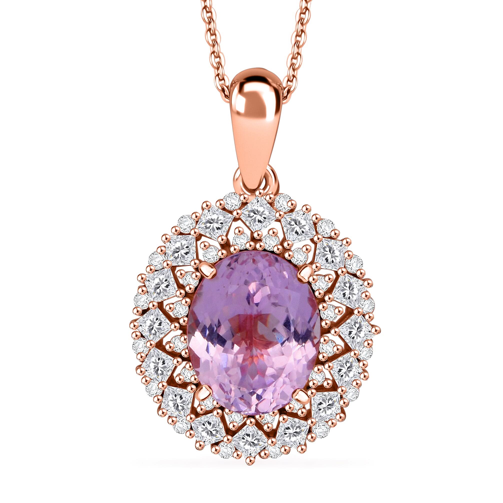 D'Joy Premium Martha Rocha Kunzite and Moissanite 5.90 ctw Pendant Necklace in 18K Vermeil Rose Gold Over Sterling Silver 20 Inches