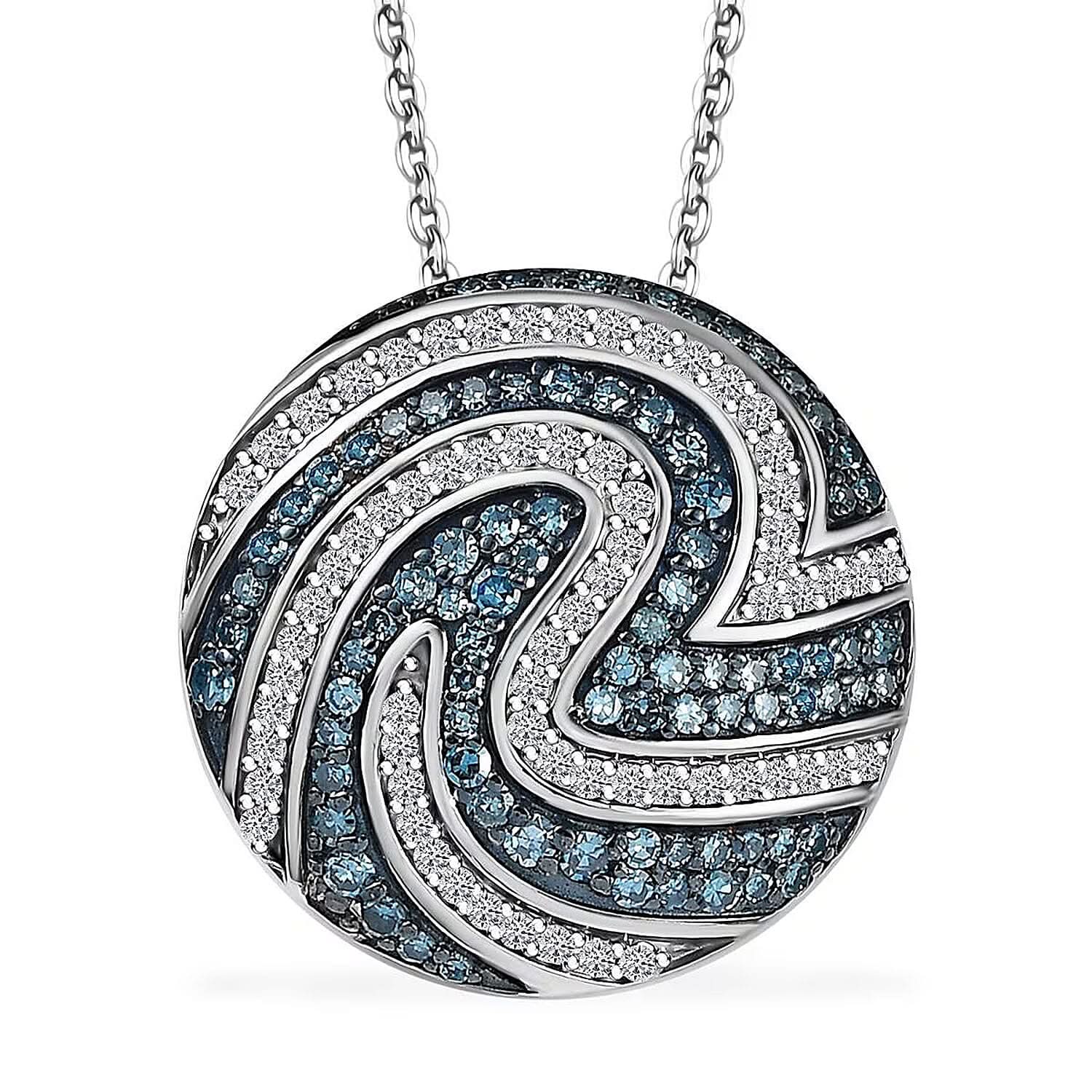 Luxuriant Lab Grown Blue Diamond (IR) SI and Lab Grown Diamond SI 1.00 ctw Sea Wave Pendant Necklace in Rhodium Over Sterling Silver 20 Inches