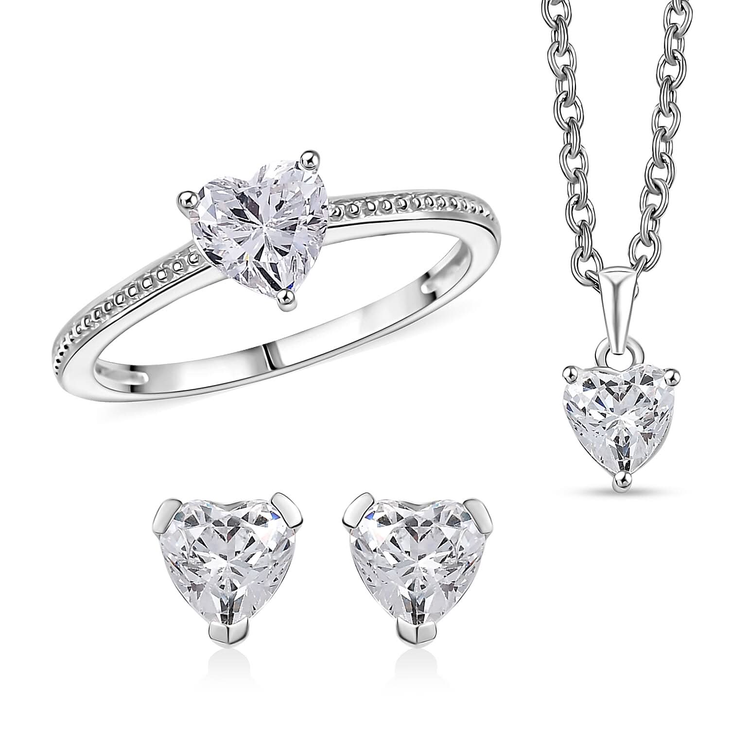 J Francis Embellished with Zirconia by Swarovski 3.80 ctw Earrings, Ring and Pendant in Platinum Over Sterling Silver with Stainless Steel Necklace 20 Inches