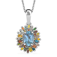D'Joy Santa Maria Aquamarine and Multi Diamond 1.00 ctw Ocean Fire Pendant Necklace 20 Inches in Rhodium Over Sterling Silver