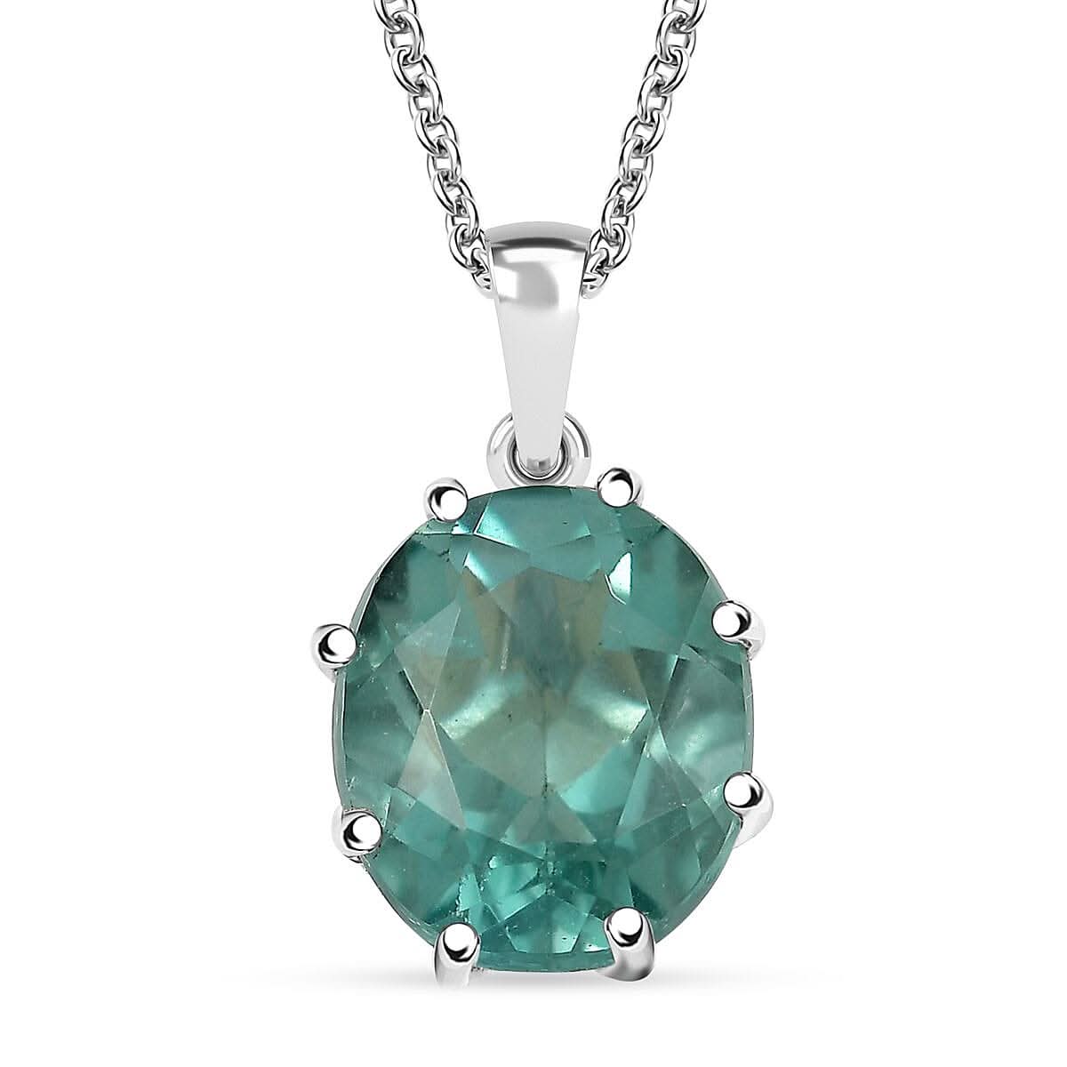 D'Joy Dean Teal Fluorite (IR) Art-Deco 5.50 ctw Aqua Crown Pendant Necklace in Platinum Over Sterling Silver 20 Inches