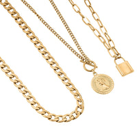 Set of 3 Curb, Cuban and Paper Clip Chain Necklace with Charm (16, 18 and 22 Inches) in ION Plated YG Stainless Steel