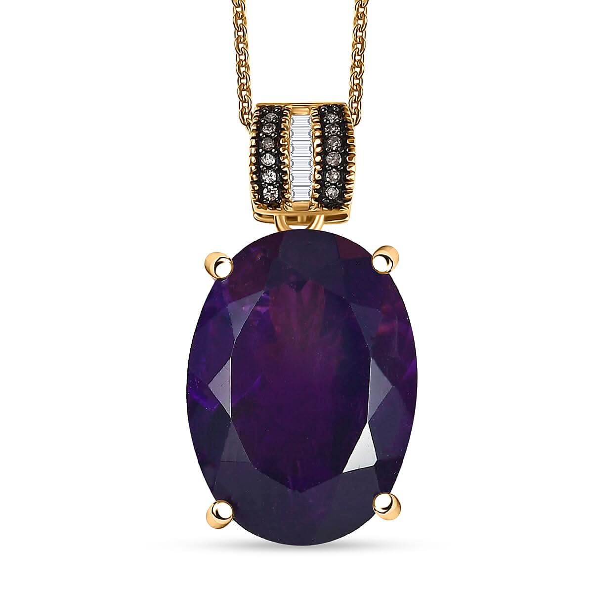 D'Joy Premium African Amethyst, Natural Champagne and White Diamond Pendant Necklace (20 Inches) in 18K Vermeil YG Over Sterling Silver 12.55 ctw