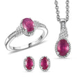 TLV 3 Piece Set - D'Joy Niassa Ruby (FF), White Zircon Stud Earrings, Ring (Size 5) and Pendant Necklace (20 Inches) in Rhodium Over Sterling Silver 3.10 ctw - Sticky add to cart bar