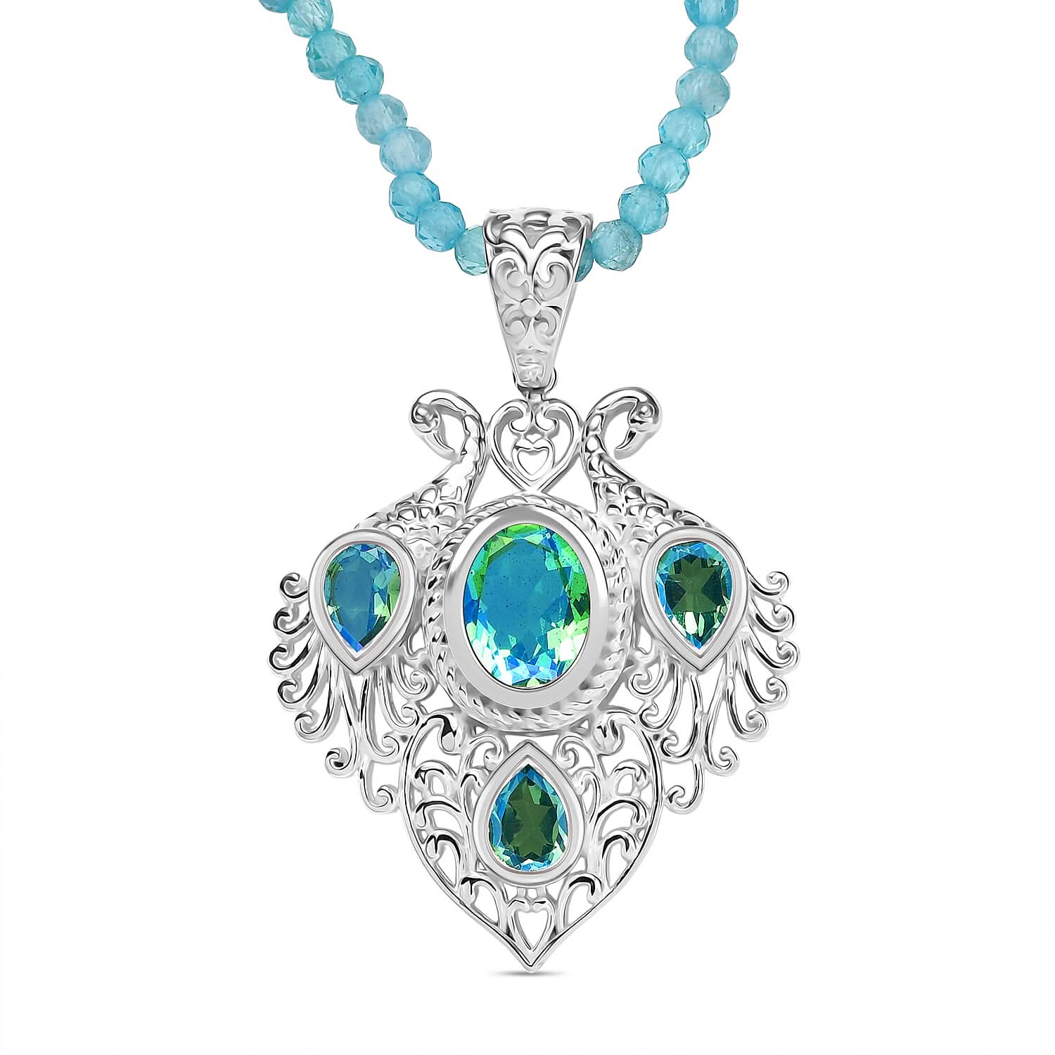 D'Joy AAA Malagasy Labradorite and Apatite 77.00 ctw Pendant Necklace in 18K Vermeil RG and Rhodium Over Sterling Silver 18 Inches
