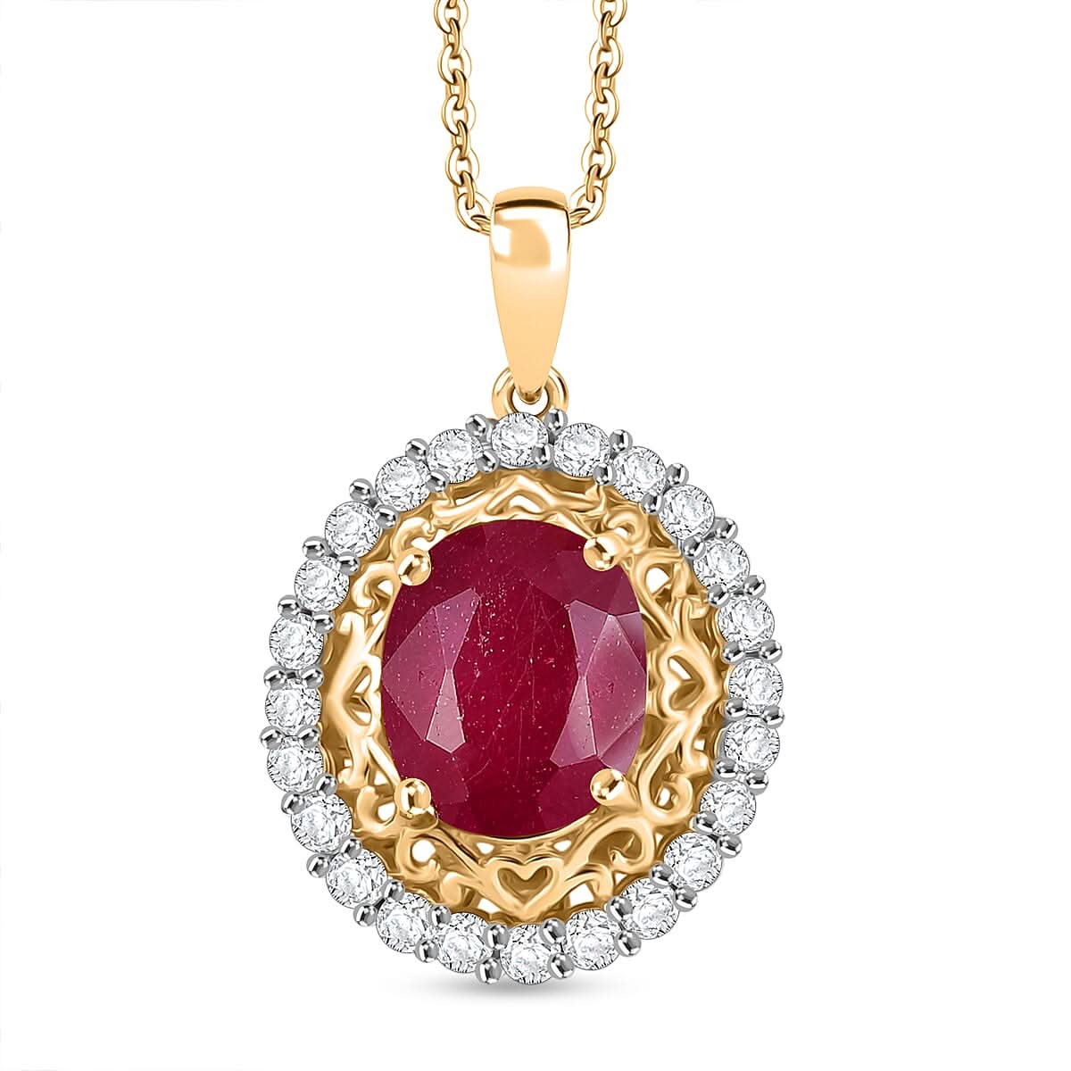 D'Joy African Ruby (FF) and White Zircon 4.20 ctw Pendant Necklace in 18K Vermeil Yellow Gold Over Sterling Silver 18 Inches
