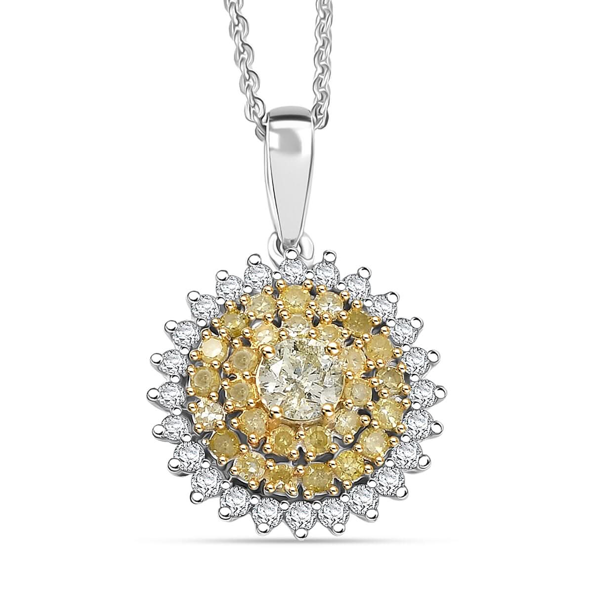 D'Joy Natural Yellow and White Diamond I2-I3 1.00 ctw Blooming Floral Pendant Necklace 20 Inches in Rhodium Over Sterling Silver