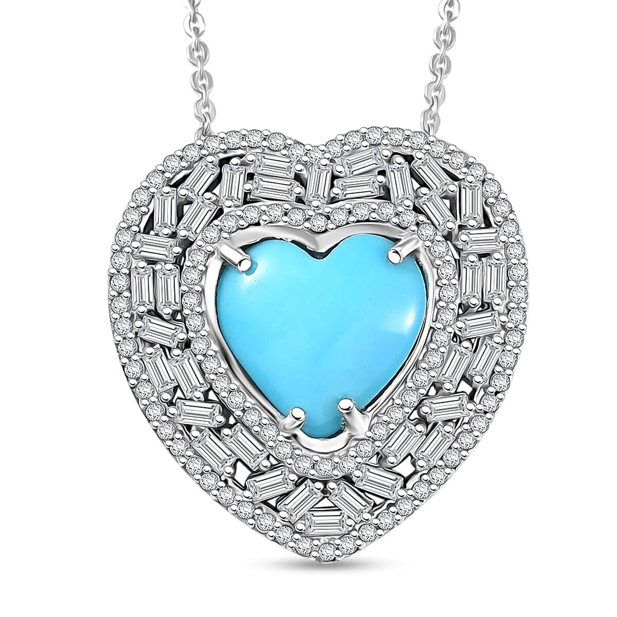 D'Joy Sleeping Beauty Turquoise and Moissanite 3.25 ctw Heart Pendant Necklace in Rhodium Over Sterling Silver 20 Inches