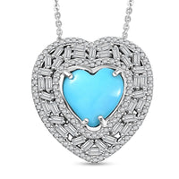 D'Joy Sleeping Beauty Turquoise and Moissanite 3.25 ctw Heart Pendant Necklace in Rhodium Over Sterling Silver 20 Inches