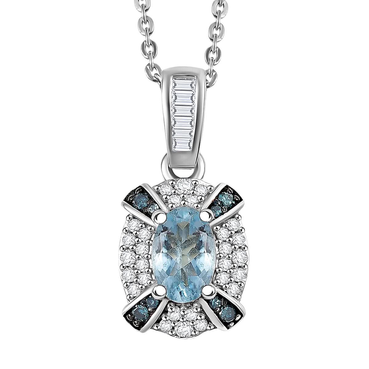 D'Joy Santa Maria Aquamarine, Blue and White Diamond 0.70 ctw Ocean Bloom Pendant Necklace in Rhodium Over Sterling Silver 20 Inches