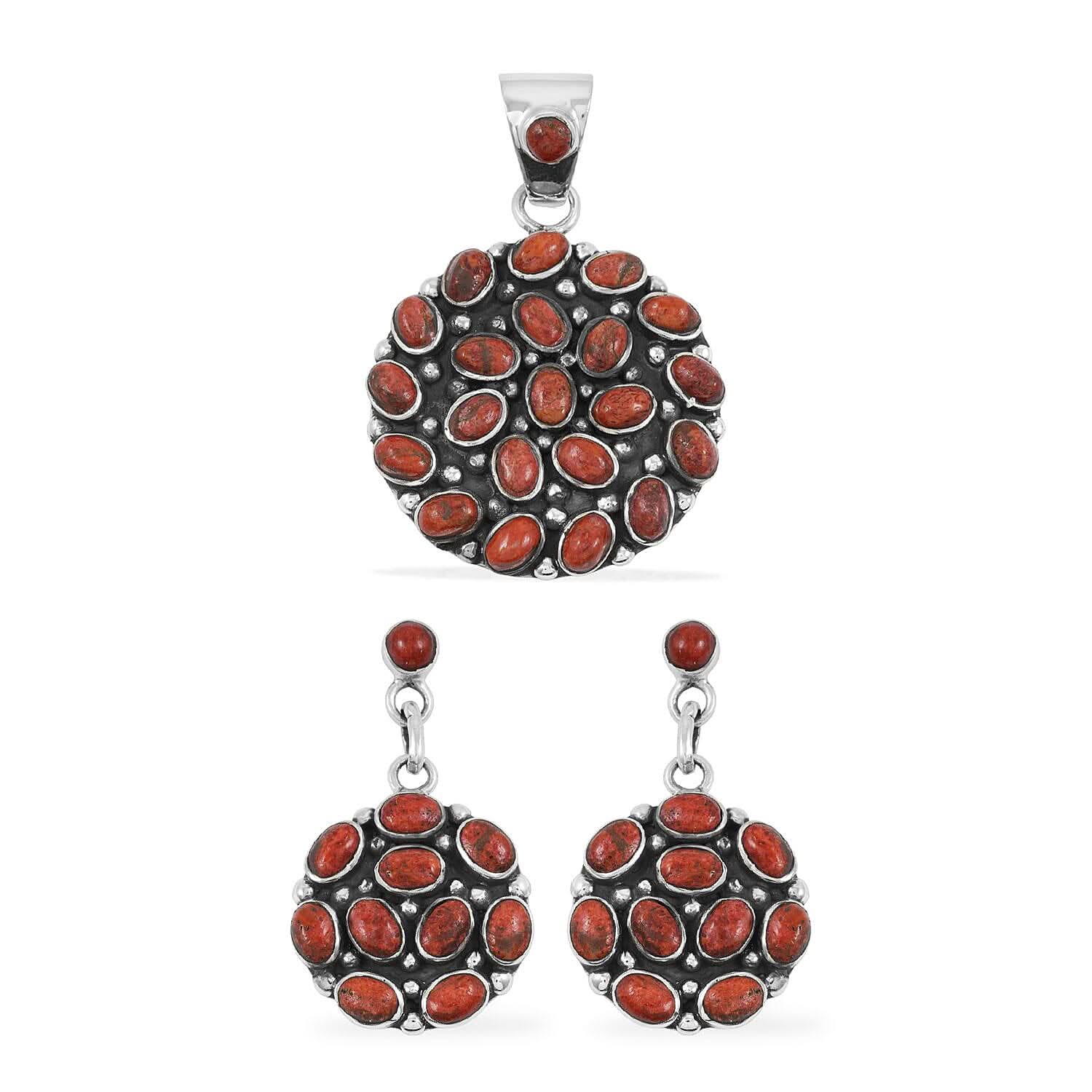 Santa Fe Style Red Coral Pendant and Earrings in Sterling Silver 57.00 ctw
