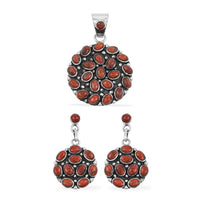 Santa Fe Style Red Coral Pendant and Earrings in Sterling Silver 57.00 ctw