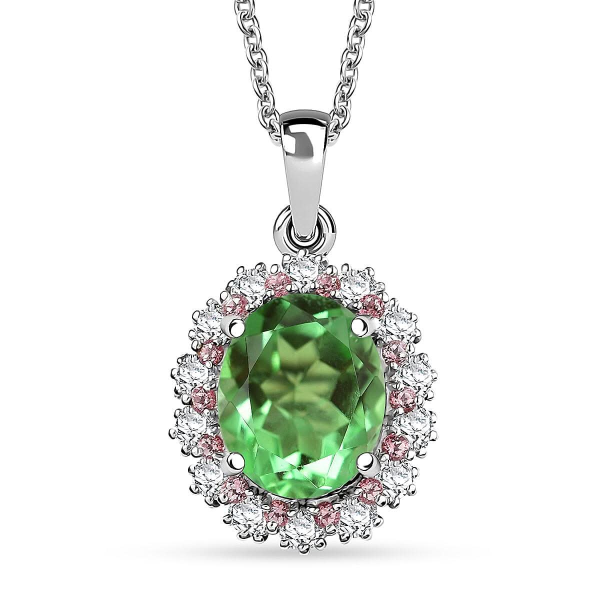 EverTrue Chartreuse Quartz (Triplet) and Multi Gemstone 4.75 ctw Classic Halo Pendant in Platinum Bond with Stainless Steel Necklace 20 Inches