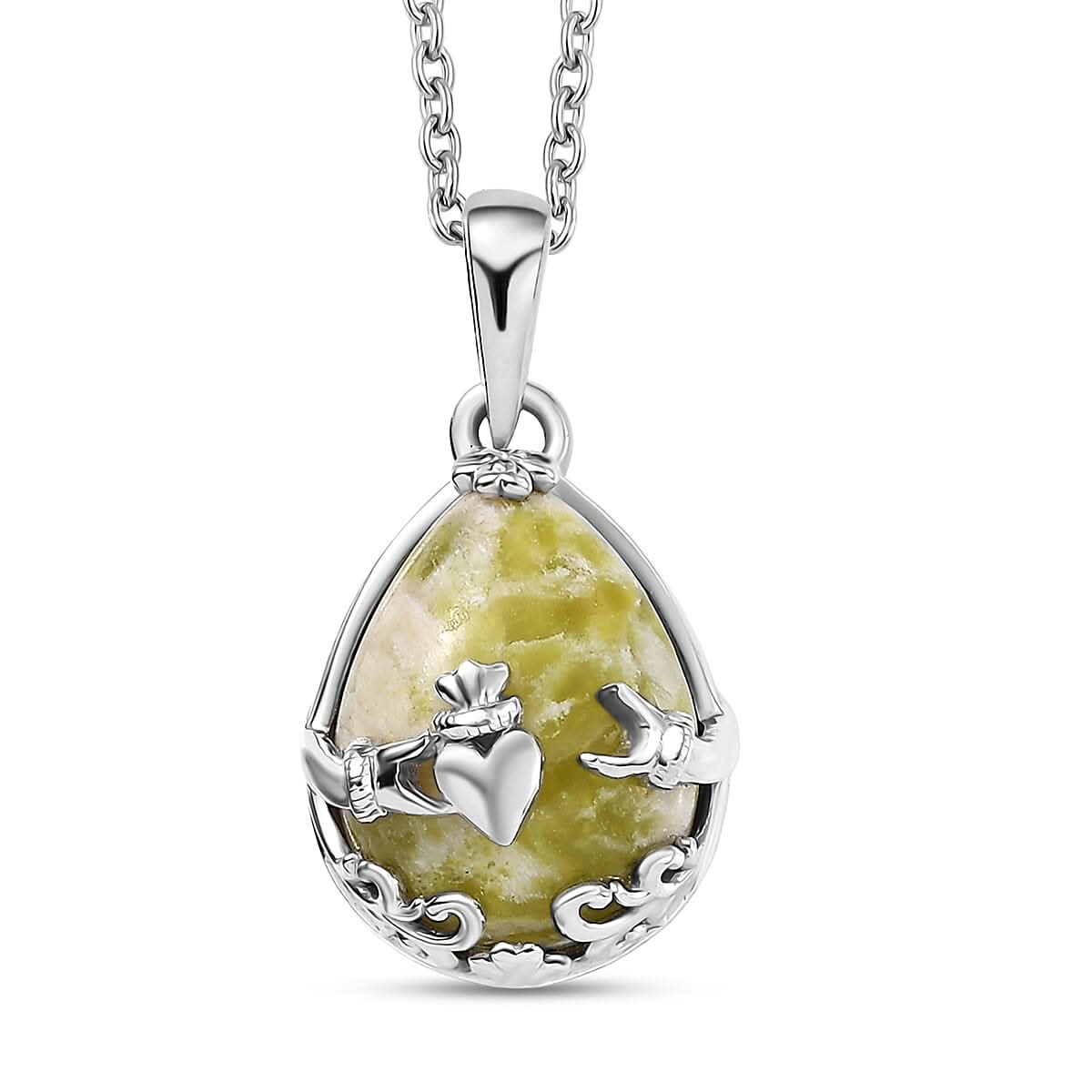 D'Joy Connemara Marble 8.90 ctw Claddagh Harmony Pendant in Platinum Over Sterling Silver with Stainless Steel Necklace 20 Inches