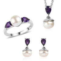 3 Piece Set - EverTrue White Freshwater Pearl, African Amethyst Earrings, Ring (Size 5) and Pendant in Stainless Steel Necklace (20 Inches) 2.00 ctw