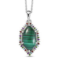 EverTrue African Malachite and Multi Gemstone 14.25 ctw Celestial Halo Pendant in Platinum Bond with Stainless Steel Necklace 20 Inches