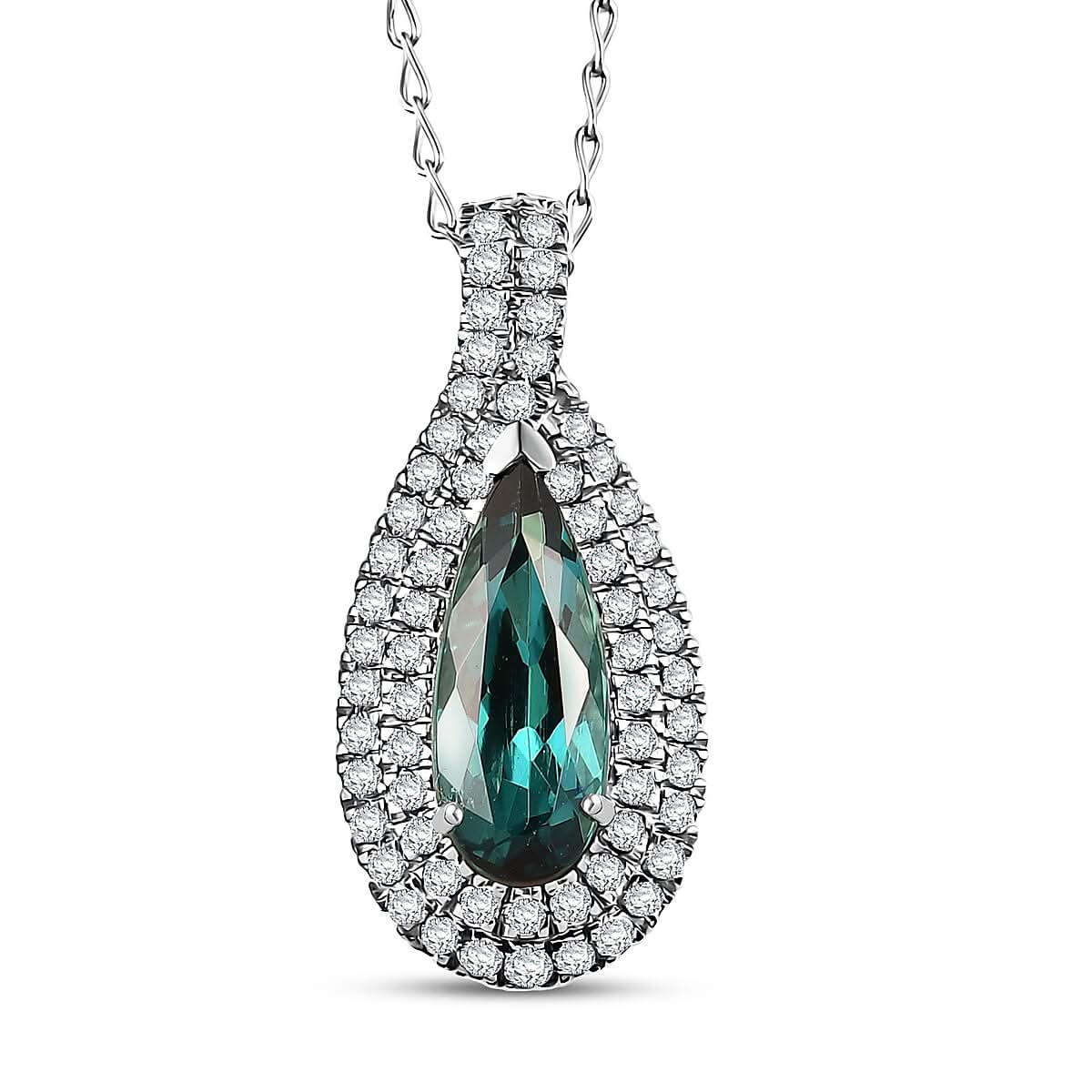 Certified & Appraised Rhapsody AAAA Monte Belo Indicolite and E-F VS Diamond 2.02 ctw Pendant Necklace in 950 Platinum 20 Inches