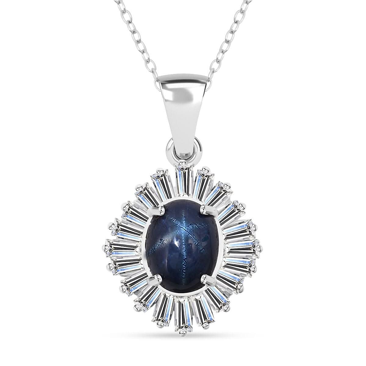 D'Joy Premium Blue Star Sapphire (DF) and Moissanite 3.15 ctw Celestial Crown Pendant Necklace in Rhodium Over Sterling Silver 20 Inches