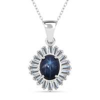 D'Joy Premium Blue Star Sapphire (DF) and Moissanite 3.15 ctw Celestial Crown Pendant Necklace in Rhodium Over Sterling Silver 20 Inches