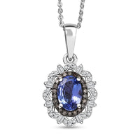 D'Joy Premium Tanzanite, Natural Champagne and White Diamond 1.00 ctw Floral Halo Pendant Necklace 20 Inches in Rhodium Over Sterling Silver