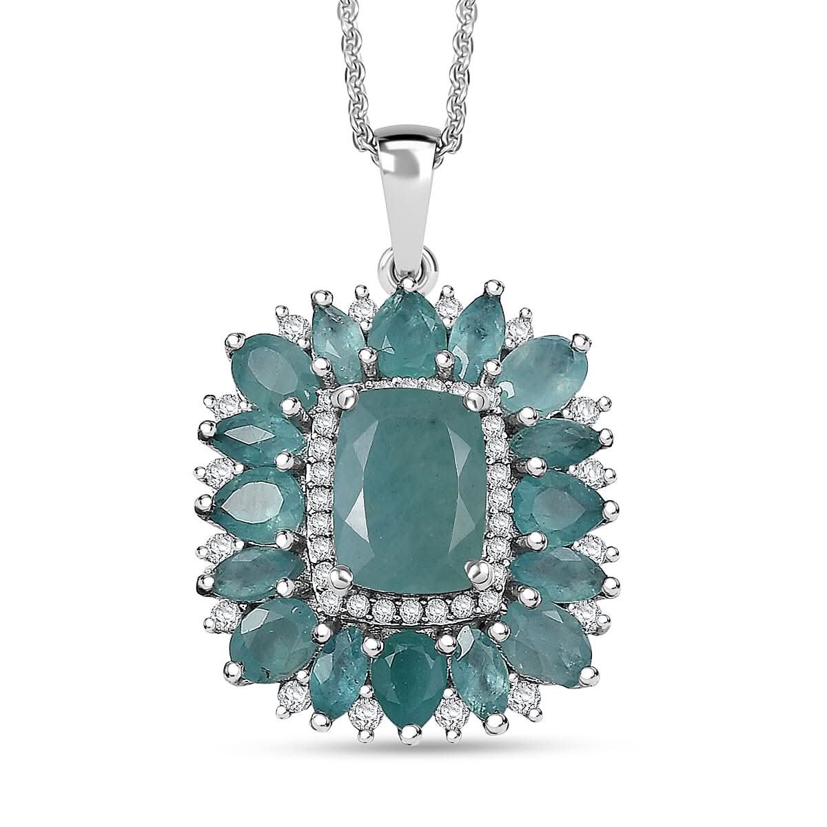 D'Joy Premium Grandidierite and White Zircon Art Deco Floral Pendant Necklace in Rhodium Over Sterling Silver 20 Inches