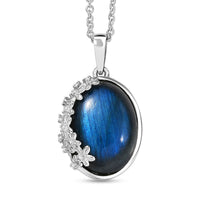 EverTrue Malagasy Labradorite, White Zircon Moonbloom Pendant in Platinum Bond with Stainless Steel Necklace 9.15 ctw (20 Inches)