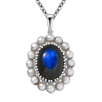 EverTrue AAA Malagasy Labradorite, Freshwater Pearl Eclipse Pendant in Platinum Bond with Stainless Steel Necklace 6.10 ctw (20 Inches)