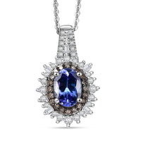 D'Joy Premium Tanzanite, Natural Champagne and White Diamond (0.39 cts) Sunburst Halo Pendant Necklace (20 Inches) in Rhodium Over Sterling Silver 1.30 ctw