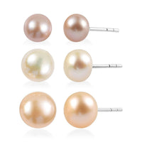 Set of 3 - Freshwater Peach, White and Pink Pearl Stud Earrings in Sterling Silver