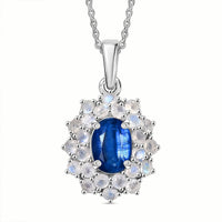 D'Joy Premium Kashmir Kyanite and Rainbow Moonstone 2.75 ctw Moonlit Halo Pendant Necklace in Rhodium Over Sterling Silver 20 Inches