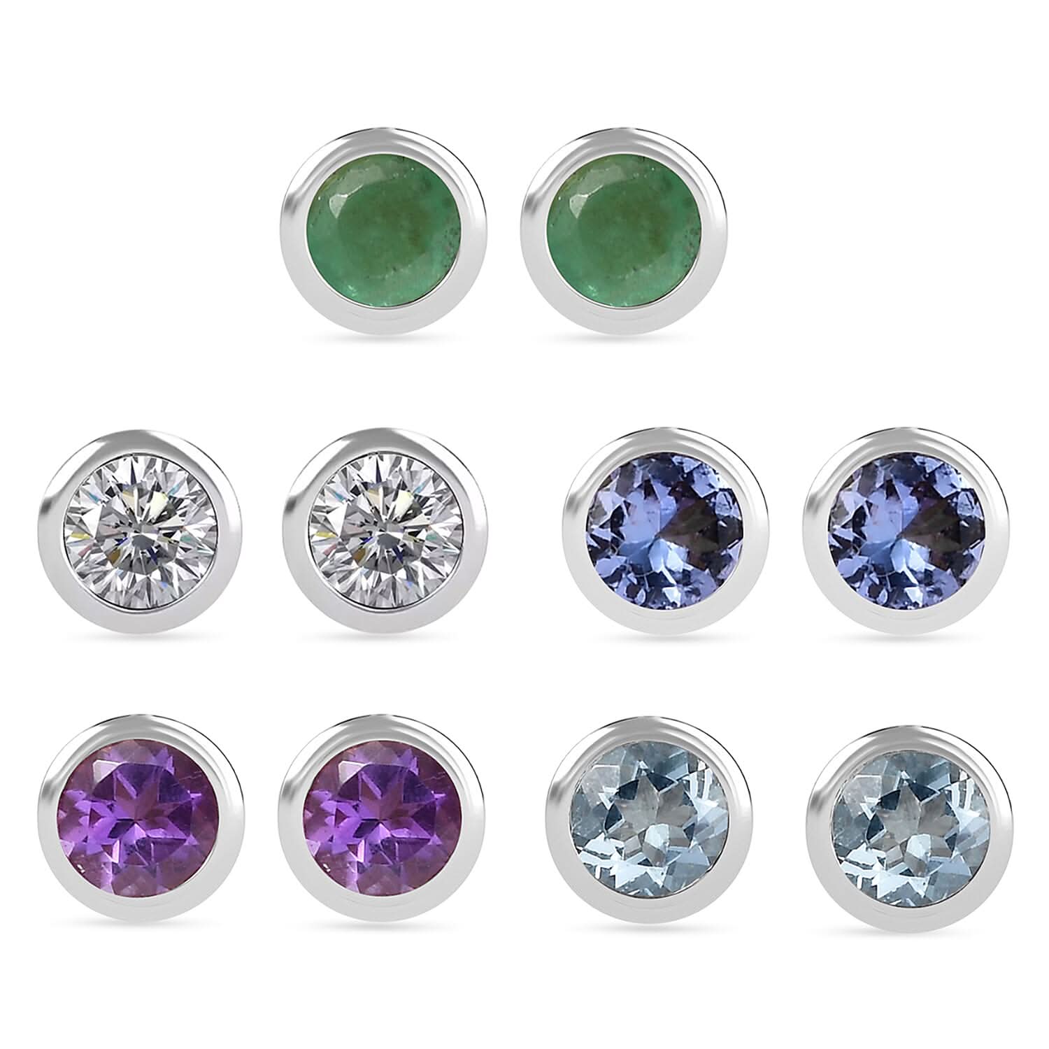 D'Joy Poke Free Multi Gemstone 2.50 ctw Set of 5 Solitaire Stud Earrings in Rhodium Over Sterling Silver