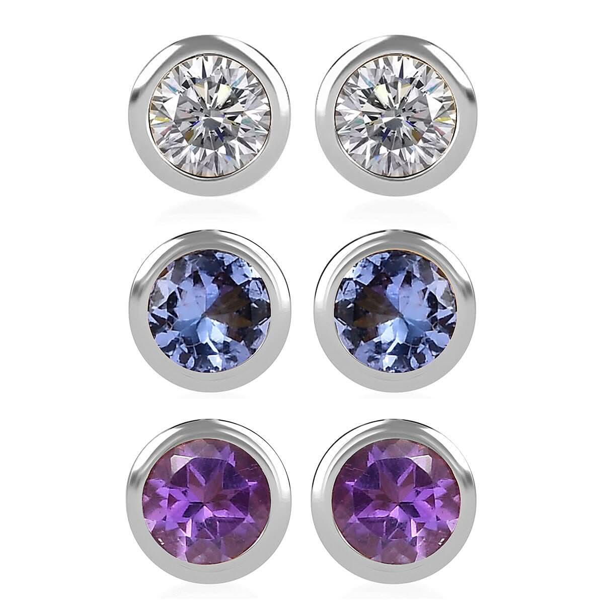 Set of 3 D'Joy Poke Free Multi Gemstone 1.45 ctw Stud Earrings in Rhodium Over Sterling Silver