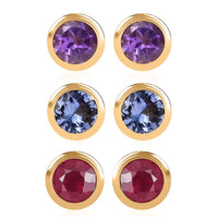 Set of 3 - D'Joy Poke Free Multi Gemstone 1.80 ctw Stud Earrings in 18K Vermeil Yellow Gold Over Sterling Silver