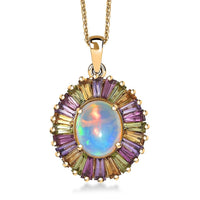 D'Joy Premium Ethiopian Welo Opal and Multi Gemstone 3.65 ctw Crown of Flames Pendant Necklace in 18K Vermeil Yellow Gold Over Sterling Silver 20 Inches