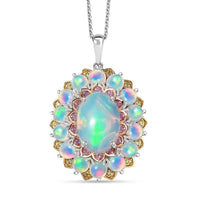 D'Joy Premium Ethiopian Welo Opal, Yellow and Pink Sapphire 6.25 ctw Pendant Necklace in 18K Vermeil YG and Rhodium Over Sterling Silver 20 Inches