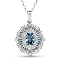 D'Joy Premium Cambodian Blue Zircon and Moissanite 3.50 ctw Regal Halo Pendant Necklace in Rhodium Over Sterling Silver 20 Inches