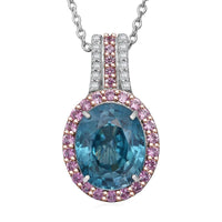 Luxoro AAA Cambodian Blue Zircon, Pink Sapphire and G-H SI Diamond 6.00 ctw Blue Rose Pendant Necklace in 10K White Gold 18 Inches