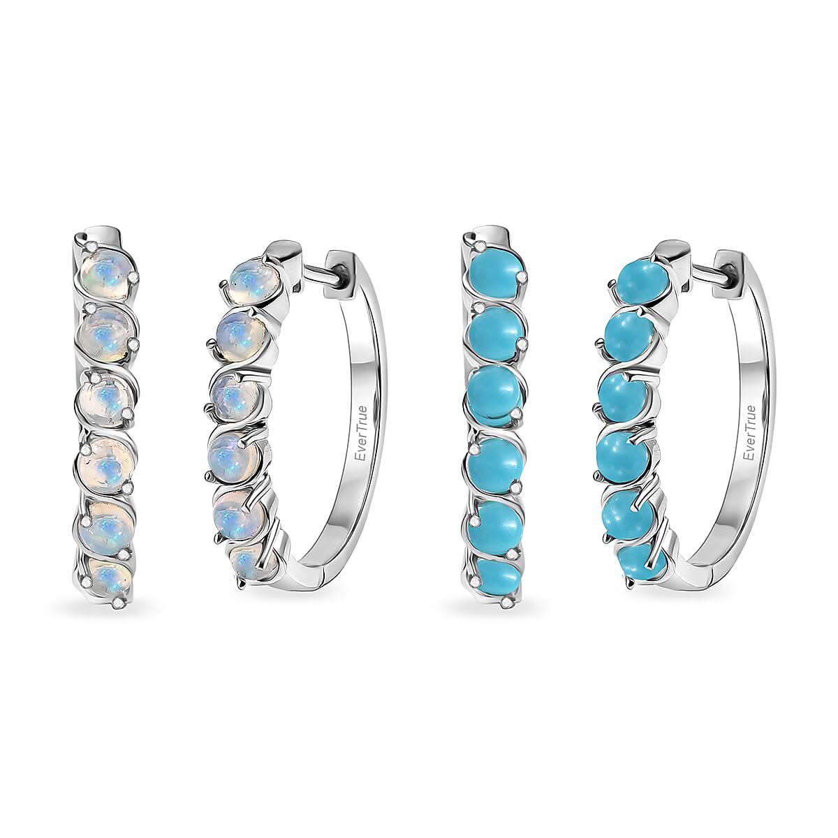 EverTrue Premium Sleeping Beauty Turquoise and Ethiopian Welo Opal 2.30 ctw Set of 2 Hoop Earrings in Platinum Bond