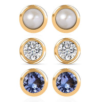 Set of 3 Poke Free Tanzanite, Freshwater Pearl, Luxuriant Lab Grown Diamond Stud Earrings in Rhodium Over Sterling Silver 1.00 ctw