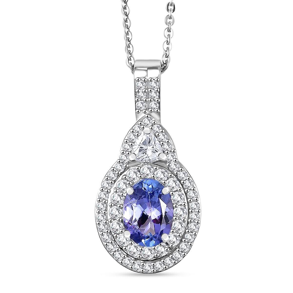 D'Joy Tanzanite, Moissanite Art Deco Pendant Necklace (20 Inches) in Rhodium Over Sterling Silver 1.70 ctw